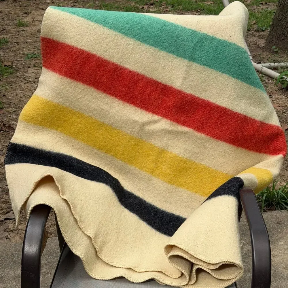 Vintage 60s JC Penny Polar Star Golden Dawn 100% Wool Striped Blanket Full Throw